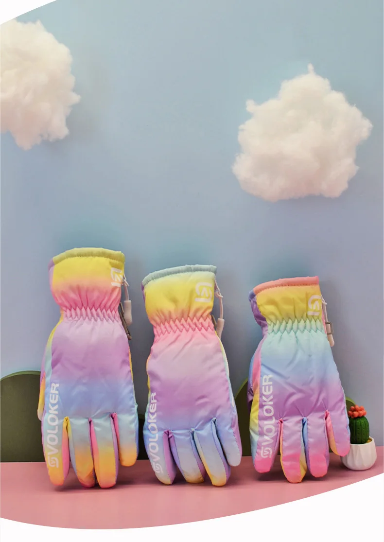 Guantes de esquí de invierno para niños y niñas, manoplas impermeables de cuero PU para Snowboard, ciclismo, deportes de nieve cálidos Unisex, arcoíris, lindos y encantadores