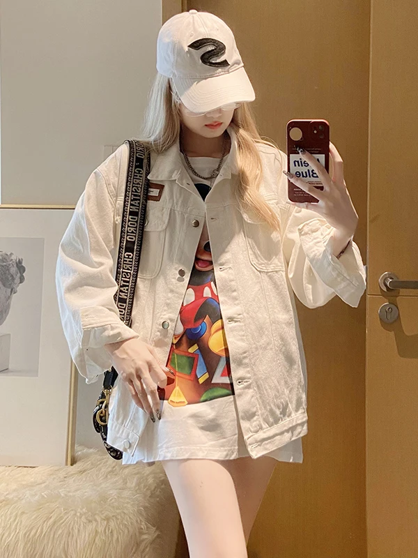 

Loose Women's Denim Jaet Spring Sle Student Faion Spring Autumn plus Size White Cotton Polyester Blend Warmth Outerwear