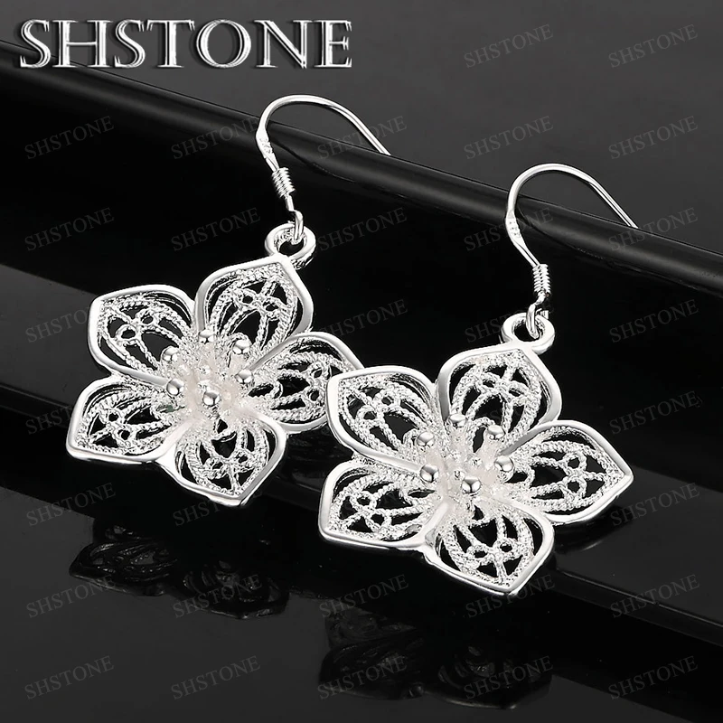 

925 Silver Flower Shaped Drop Earring Pretty For Woman Wedding Engagement Party Sterling Silver Delicate Jewelry Accessories