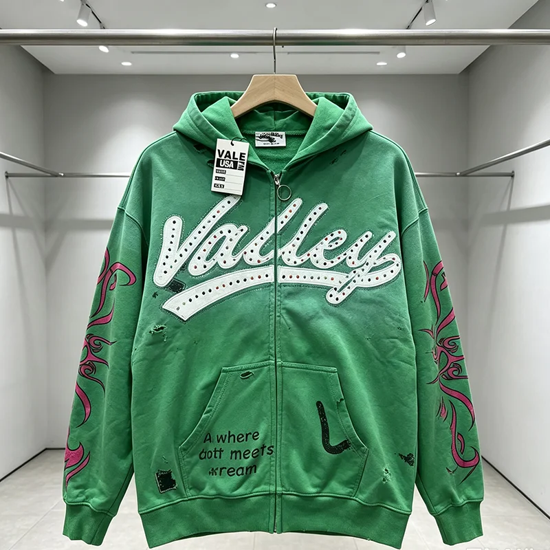 VALLEY Streetwear Full Zip Hoodie Unisex Rhinestone Logo and Flame Print Hooded Jacket