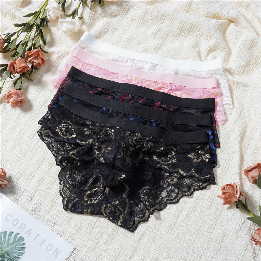 Men Flower Lace Exotic Sissy Brief Sheer Mesh Pouch Temptation LowRise Underwear Stylish Men's Floral Lace Briefs Transparent