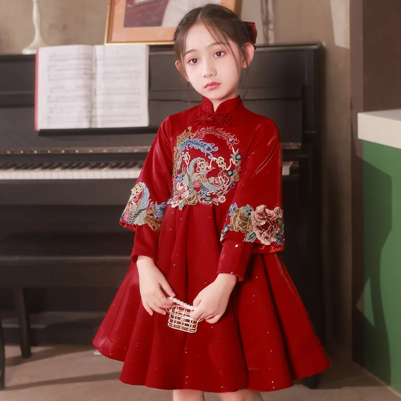 Children\'s Birthday Party Evening Dress Cute Flower Girls Princess Dress Vintage Chinese Kids Embroider Performance Clothing