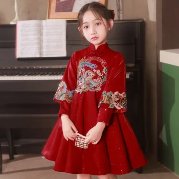 Dziecięca sukienka wieczorowa na przyjęcie urodzinowe Śliczne kwiatowe dziewczęce sukienki księżniczki Vintage chińskie dziecięce haftowane ubrania na występy