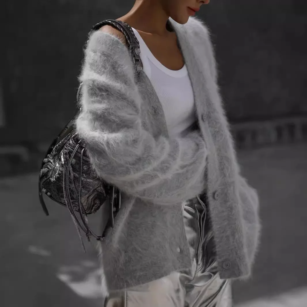 2025 nova europa e américa outono inverno preguiçoso solto de manga comprida com decote em v camisola casaco senhoras lã camisola de malha cardigan