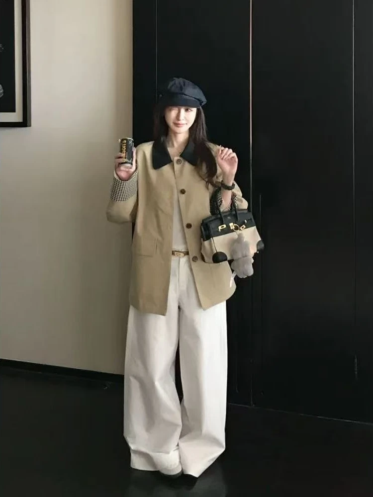 Jesienny płaszcz damski w stylu Y2K, koreański, szykowny, z wzorem w kratę, łączony, w stylu japońskim kawaii preppy, odzież damska.