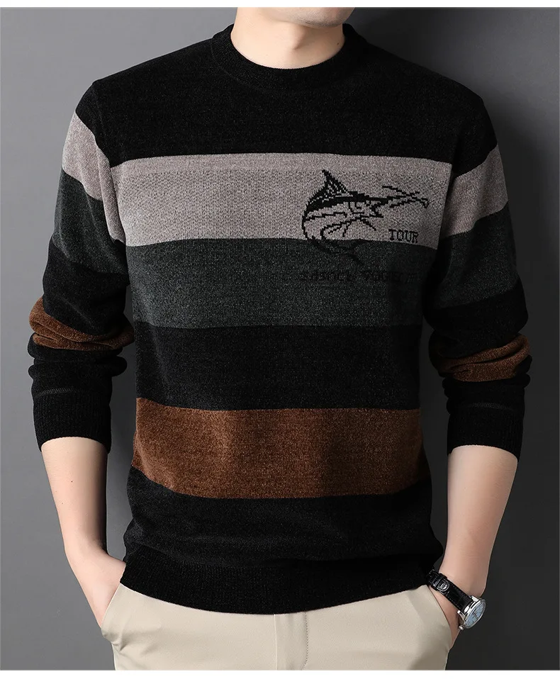 Korean Chenille Sweater Men's Fleece-lined Thickened Striped Thermal Bottoming Shirt Trendy Men round Neck Sweater