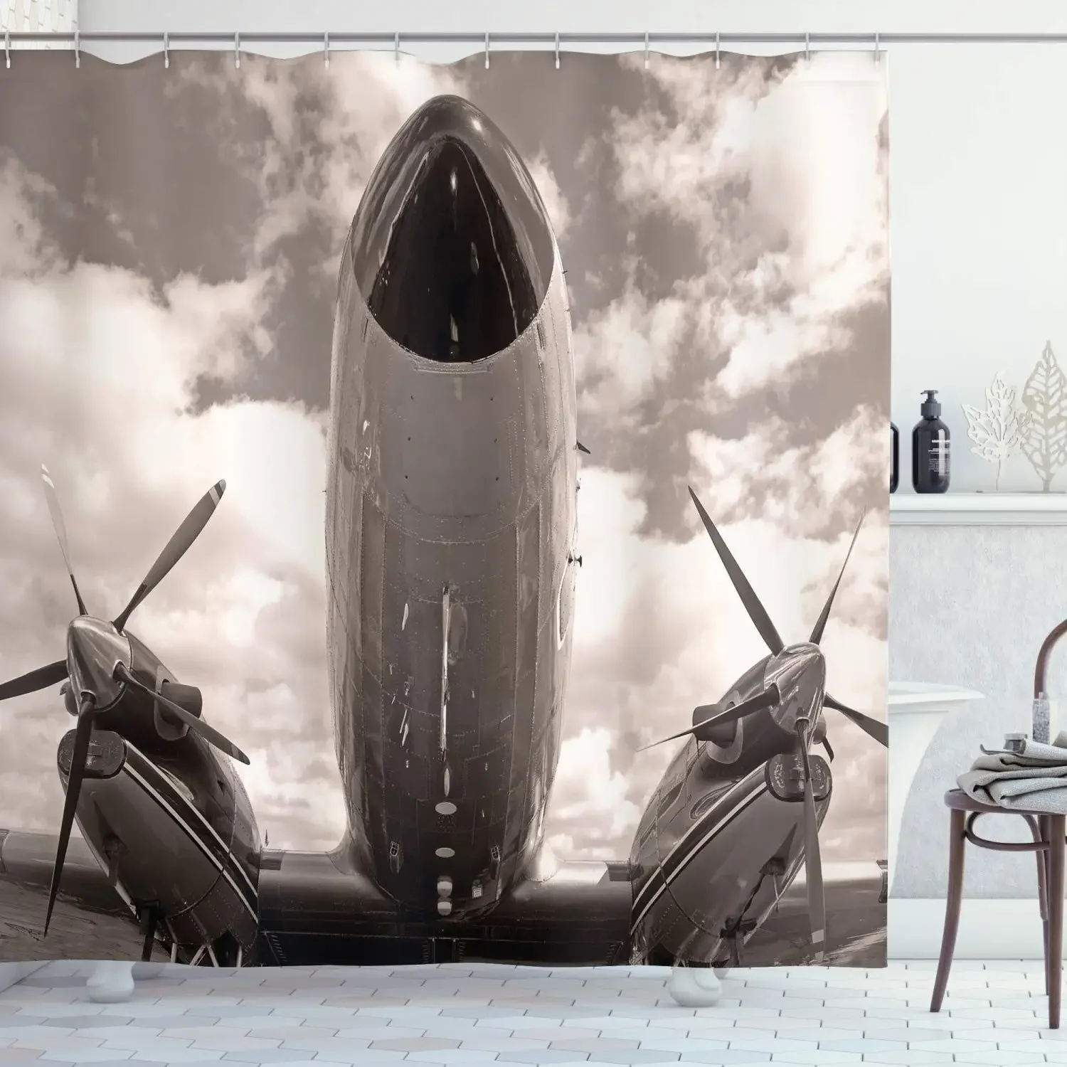 Vintage Airplane Printed Shower Curtain Turboprop Airplane Cloudy Sky Shower Curtains Waterproof Fabric Bathtub Screen Decor