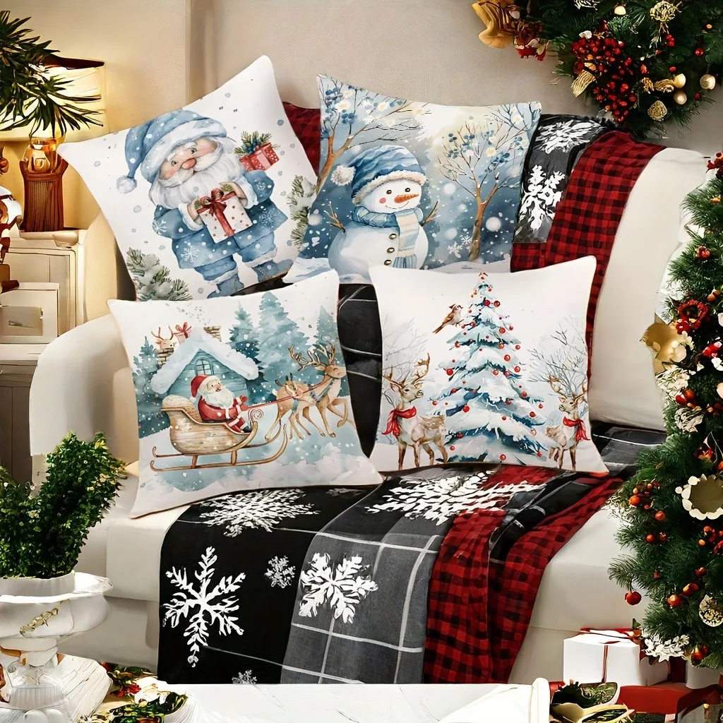 Blue Christmas Polyester Pillowcase Home Decorative Throw Pillowcase Living Room Bedroom Decorative Cushion Cover with Zipper