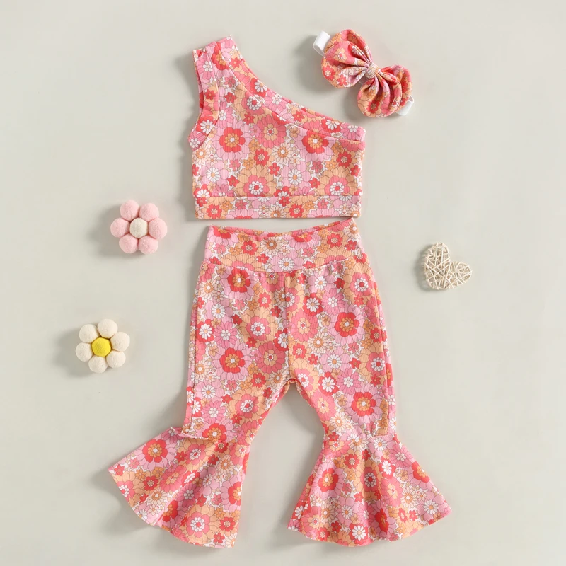 2023-03-08 Lioraitiin 0-4Years Toddler Girls 3Pcs Summer Outfit Sets Sleeveless One Shoulder Vest Floral Flared Pants Headband