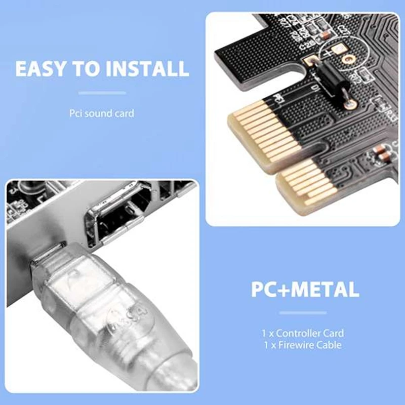 Cartão controlador de PC e metal para desktop, PCI Express X1, PCI-E Firewire, 1394A, IEEE1394