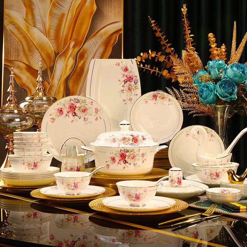 60 pieces European bone china hand-painted drawing dishes, ceramic tableware set