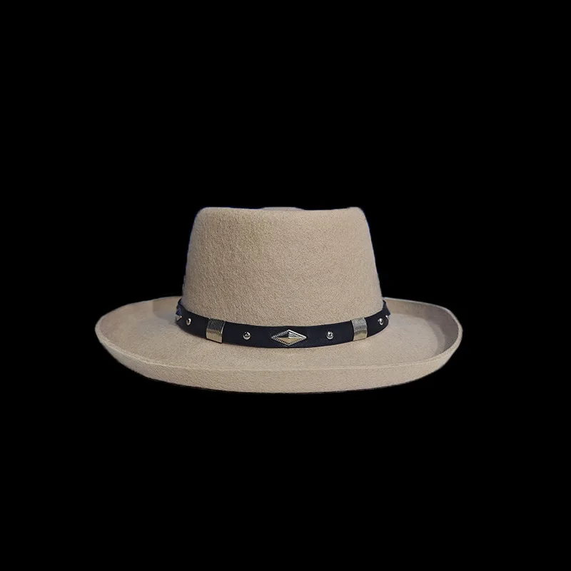 Folded-Edge Pork Pie Style Pure Wool Fedora Hat with Belt Decoration and Round Top