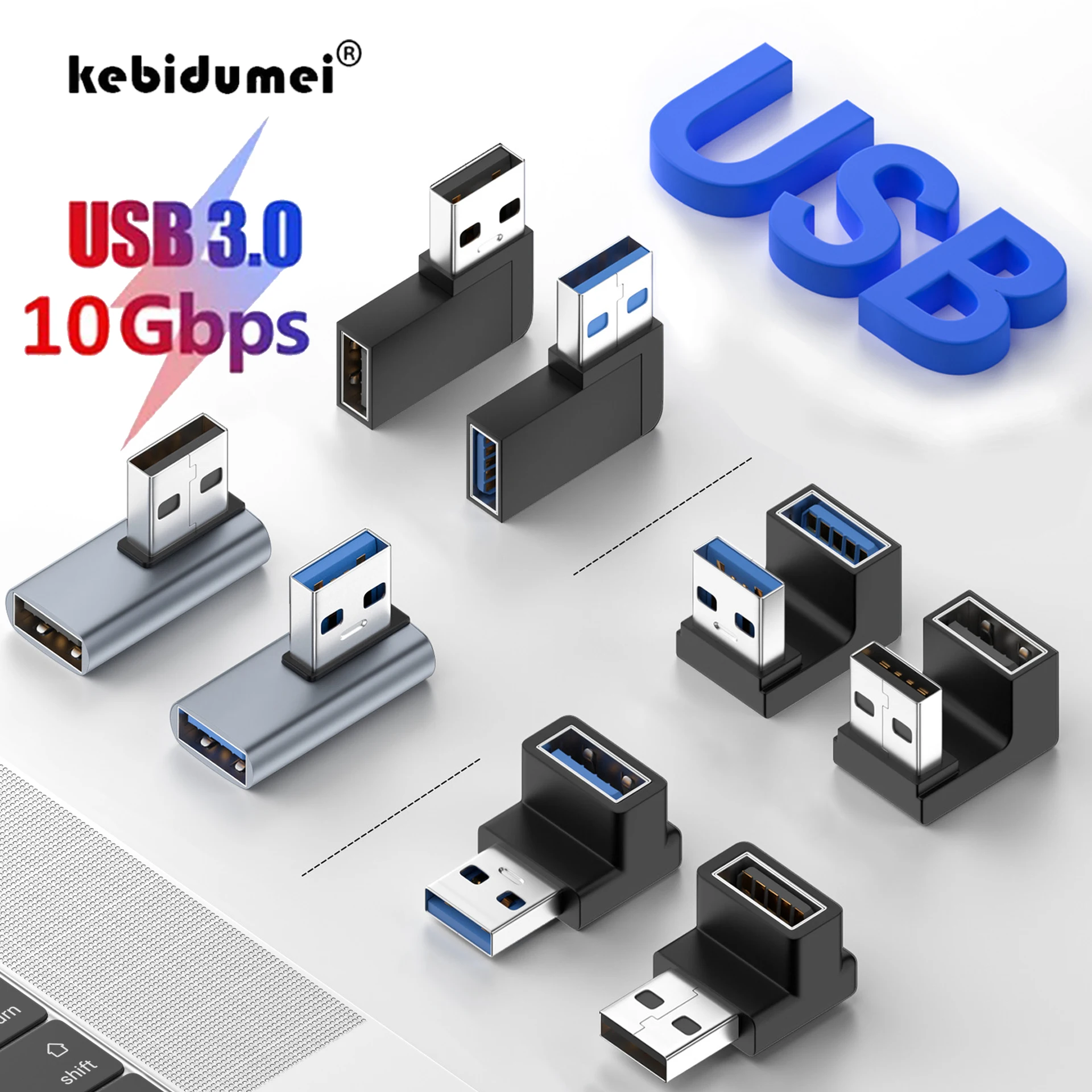 10Gbps USB 3.0 Male to Female Right Angle Extension Adapter 90 Degree Upward Elbow USB Connector  For PC Laptop Plug Converte