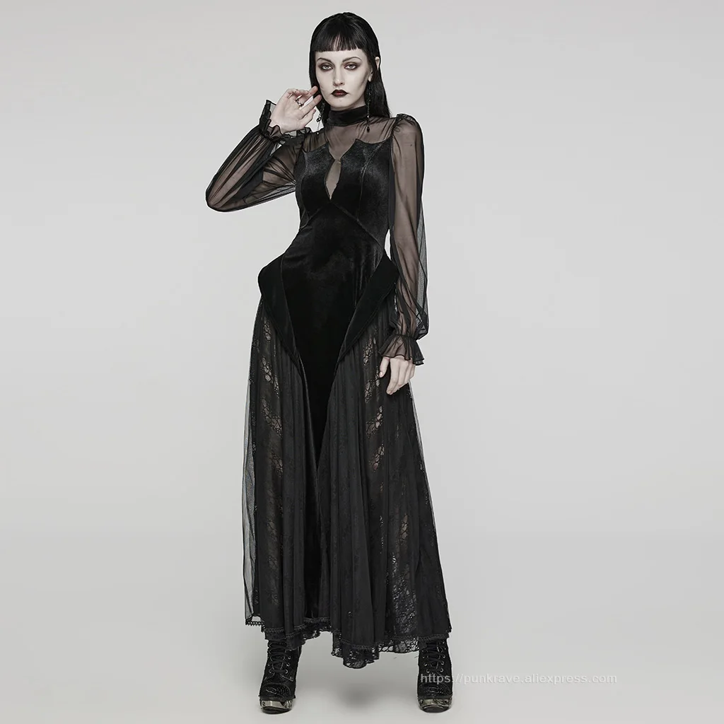 calf length black dress Plus Size Black Lace Wedding Dress Gothic Long Sleeve Off Shoulder Bri –  Msikoods Official Store main image 1