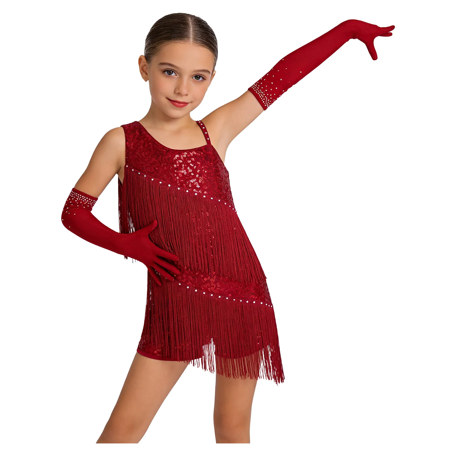 

Kids Girls Latin Dance Jumpsuit Sleeveless Shiny Sequins Tassel Dress Leotard with Gloves Ballroom Cha-cha Tango Samba Dancewear