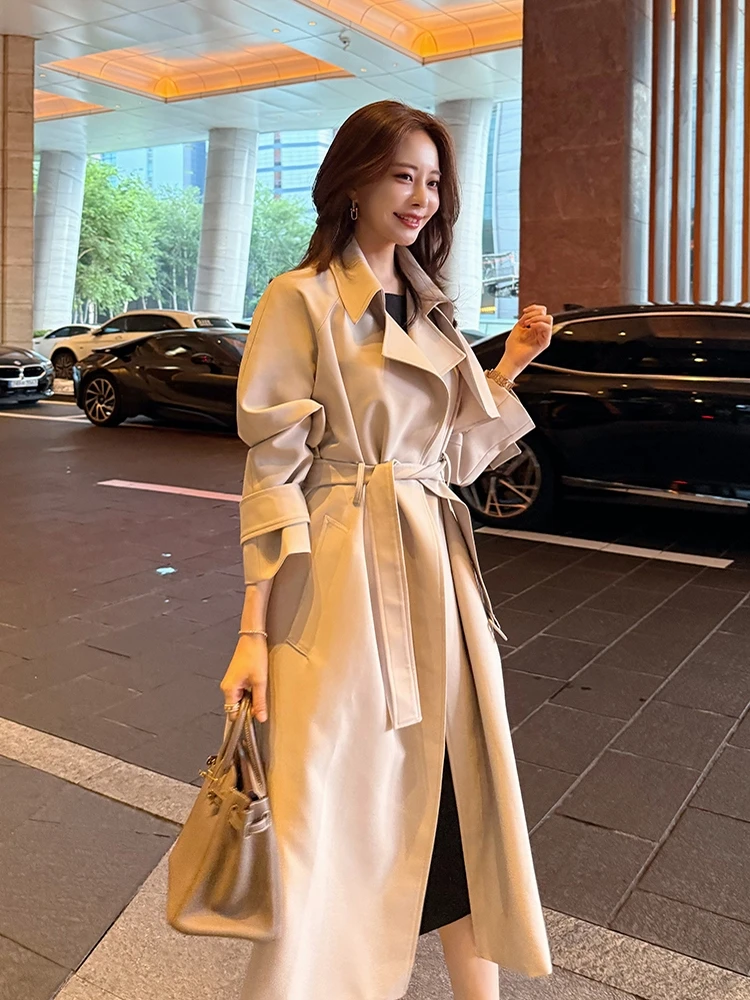 

Ele Briti Sle Mid-Length Coat with Belt Waist-Cinching A-Line Outerwear Long Sve Polyester Women's Faion