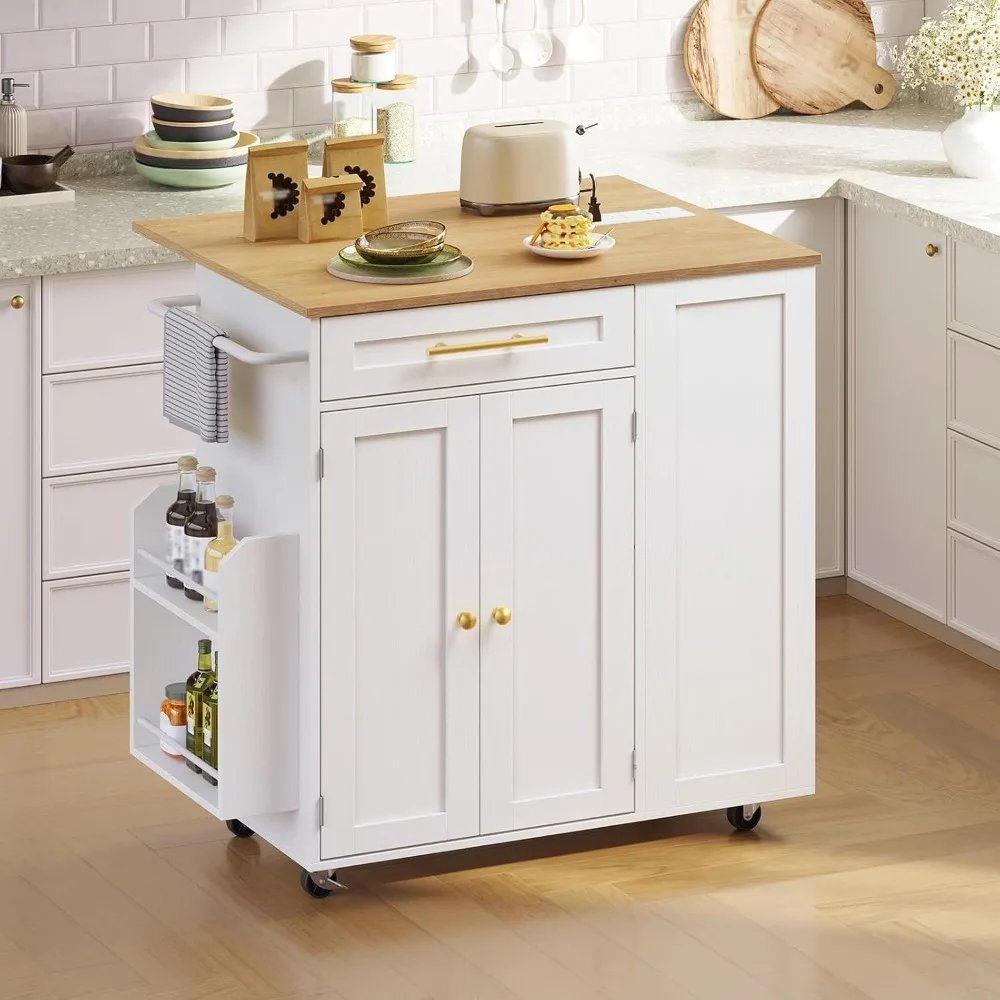 

Мобильный кухонный остров с зарядной станцией, столом с откидными листами, хранилищем и ящиком, белая натуральная тележка