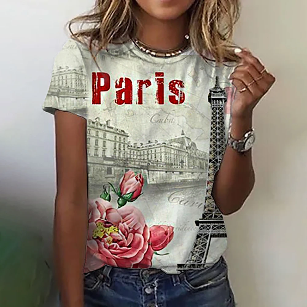 Vintage Women T-Shirts Short Sleeved Tops Paris Architecture Print T Shirts Fashion Women's T-Shirts Oversized Female Clothing