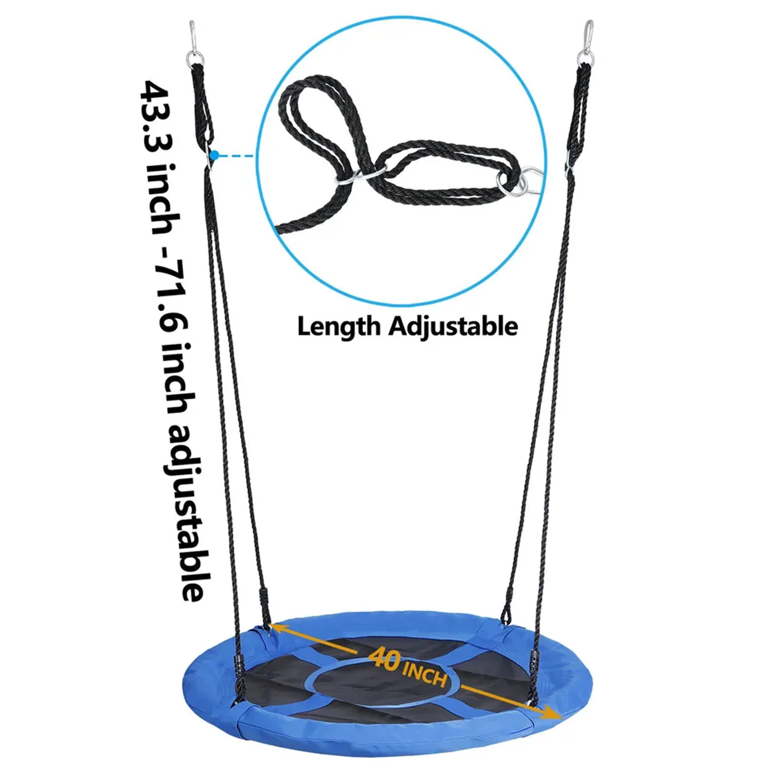 調節可能なロープ付きの青いスイングプラットフォーム、ソーサーツリー、安全に使用可能、40インチ、800ポンド