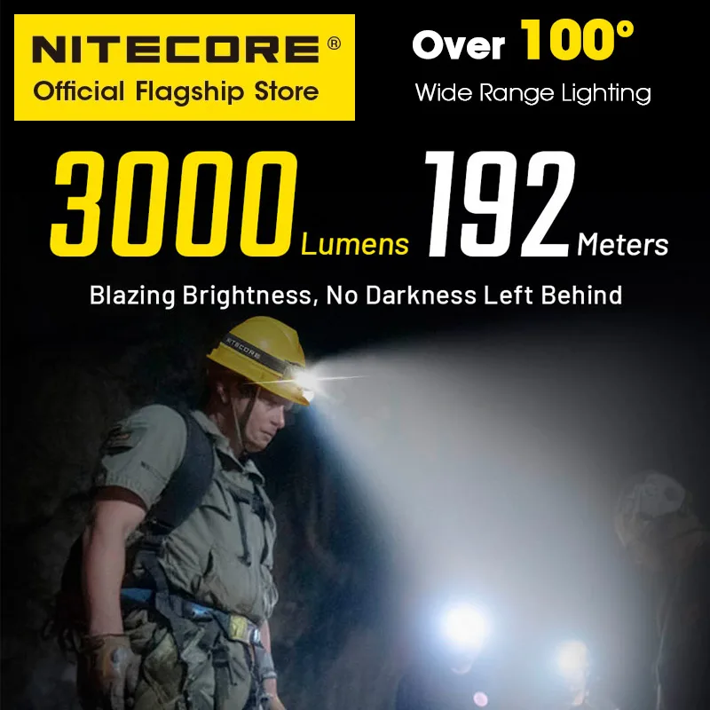 NITECORE HC75 UHE E-focus كشافات للعمل 3000 لومن USB-C مصباح أمامي قابل لإعادة الشحن كشاف كاشف، بطارية ليثيوم أيون 5500 مللي أمبير في الساعة 21700