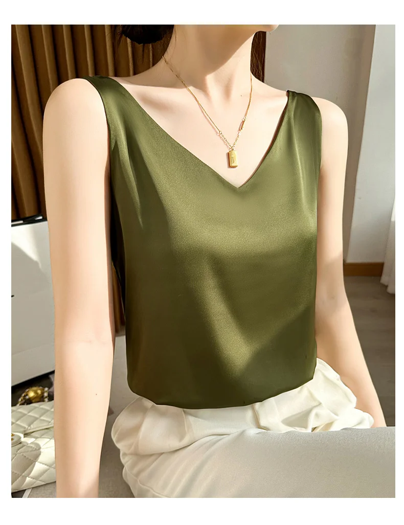 Seidensatin-Damen-Tanktop mit doppelter Schulterpartie, V-Ausschnitt, ärmelloses Top, T-Shirt, elegantes Crop-Top, solide, lässig, Basic, 2025, Sommer – Detail 25