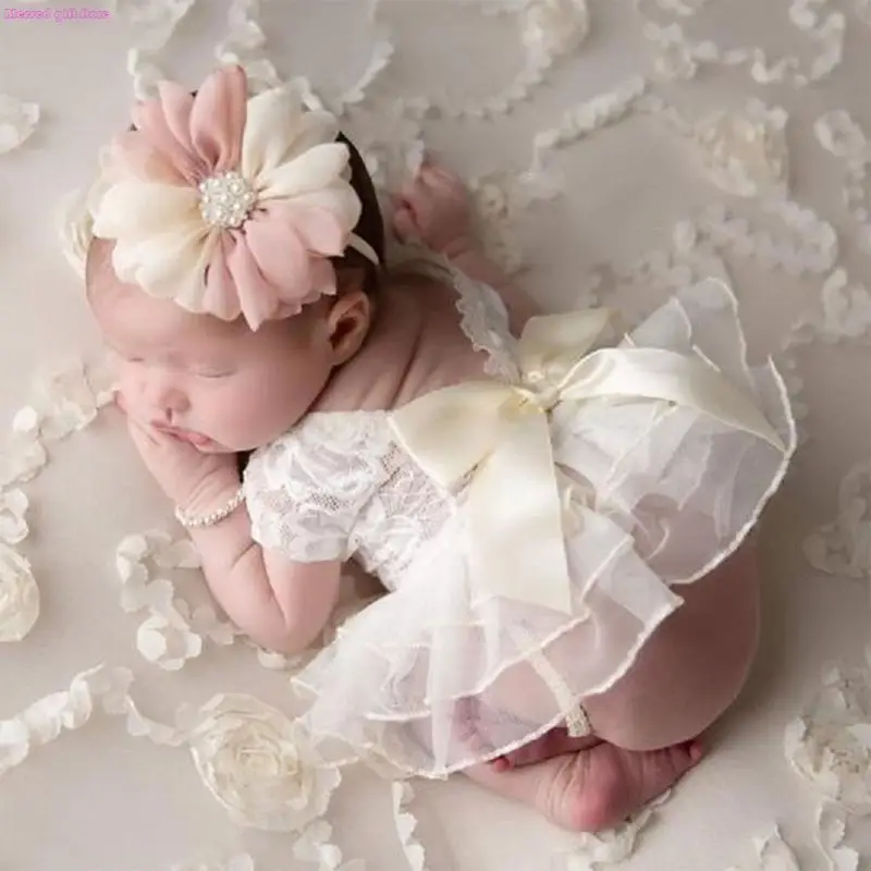 D0JC Baby Photography Props Outfit Lace Bowknot Skirt with Flower Headband