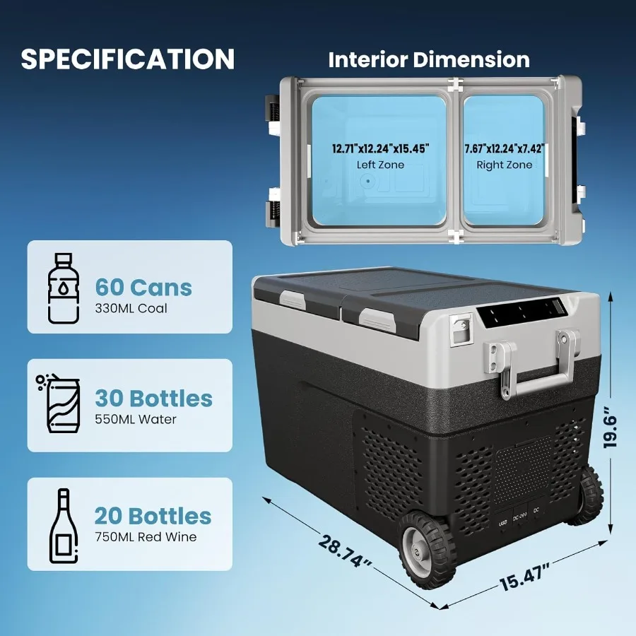 51 QT 48L مبرد كهربائي محمول للسيارة 12 فولت ثلاجة فريزر للسيارة مع التحكم في درجة الحرارة ذات المنطقة المزدوجة من -4 إلى 68