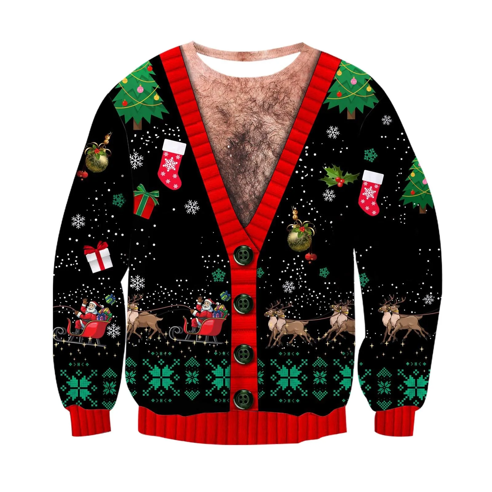 Merry Christmas Knitted Ugly Sweater Snowflake Xmas Tree Cartoon Cow Patchwork Cardigan Funny Chest Hair Print Outerwear Jackets