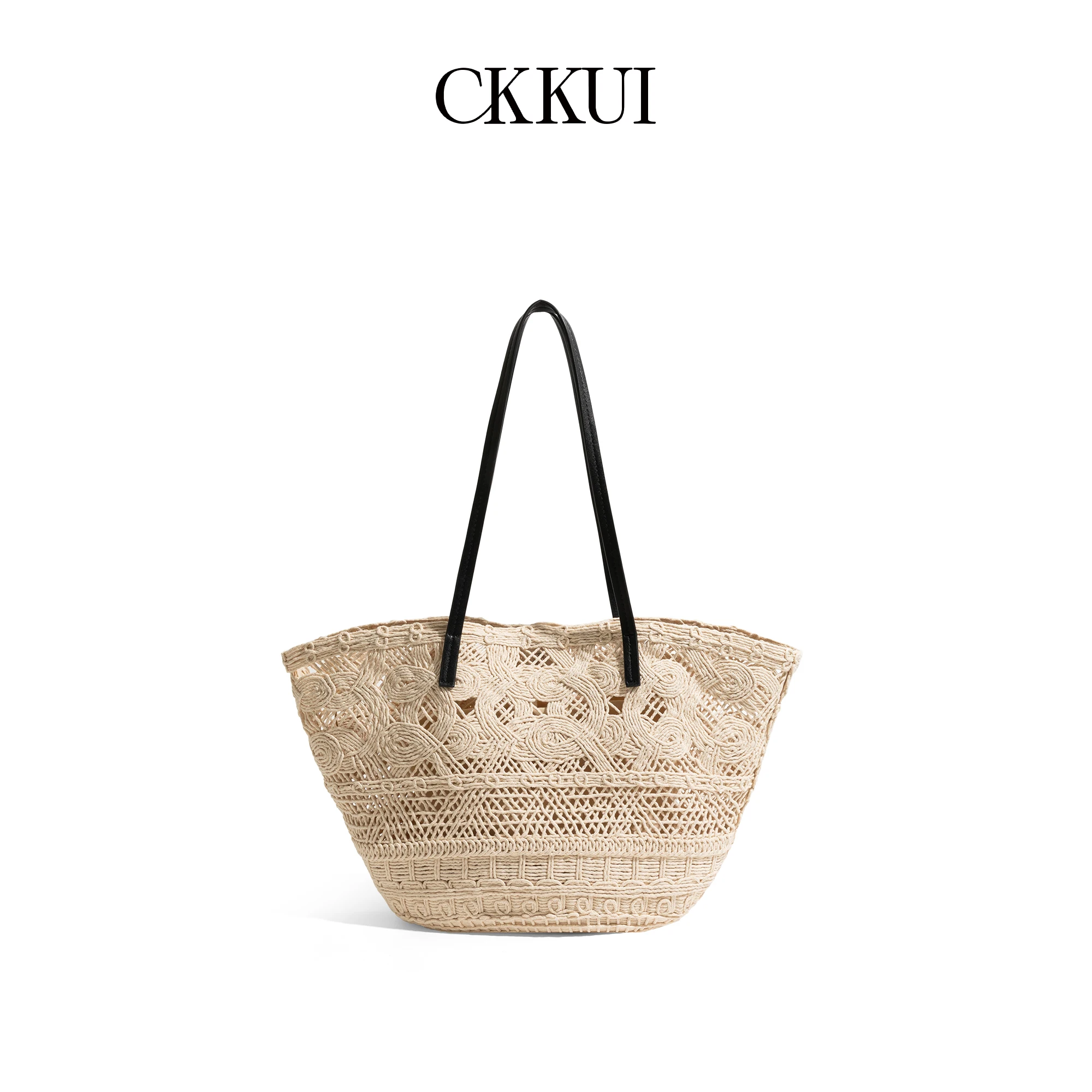 CKKUI Women's Summer Linen Handbag, Large Capacity Woven Beach Bag, Black Leather Handle, Casual Vacation Shoulder Bags