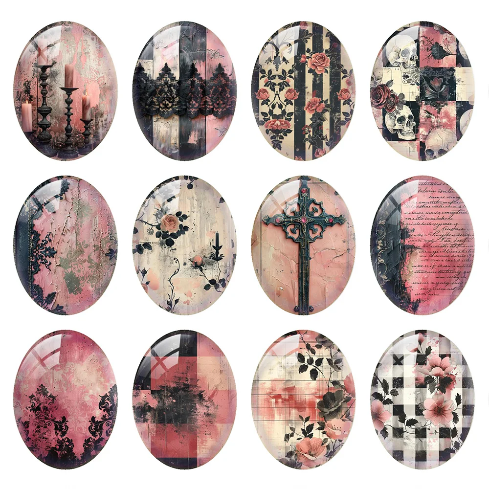 

10pcs/lot Halloween Gothic Pink Skull Candle Flower Black Oval Photo Glass Cabochon Flatback Demo Cameo Diy Jewelry Making