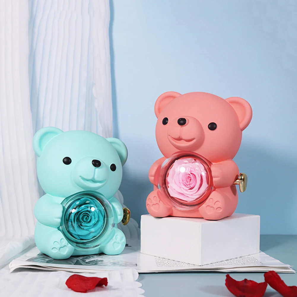 Cute Bear Gift Box Elegant Preserved Rose Gift Box with Gift Bag Bear Hug Eternal Rose Gifts for Valentines Day
