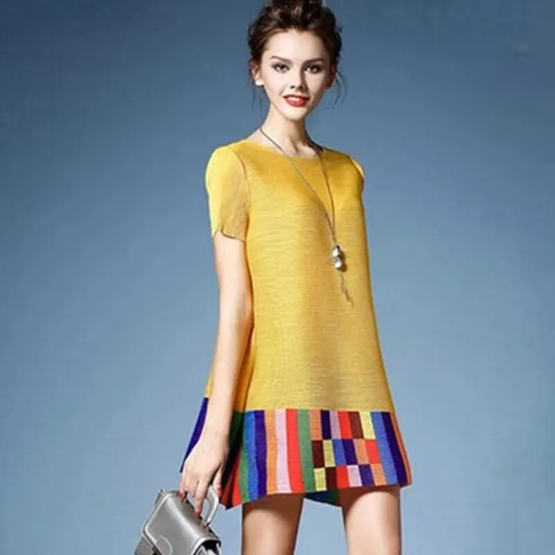Women Summer Dress Female Fashion All-Match Loose Large Size A-line DressColor Contrast Splicing Dress Pleated Dresses