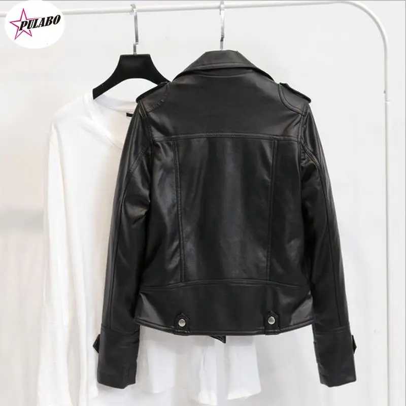 PULABO Women Autumn Leather Jacket Moto Biker Motocycle Female Outwear Classical Faux Leather Coat Black Turn-down Collar