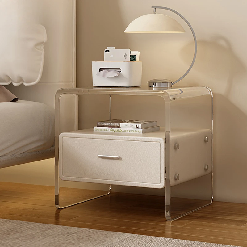 

Acrylic Bedroom Nightstand with Drawer Fingerprint Unlock Storage Cabinet Cream Style Kids Room Side Table Mini Tea Cabinet