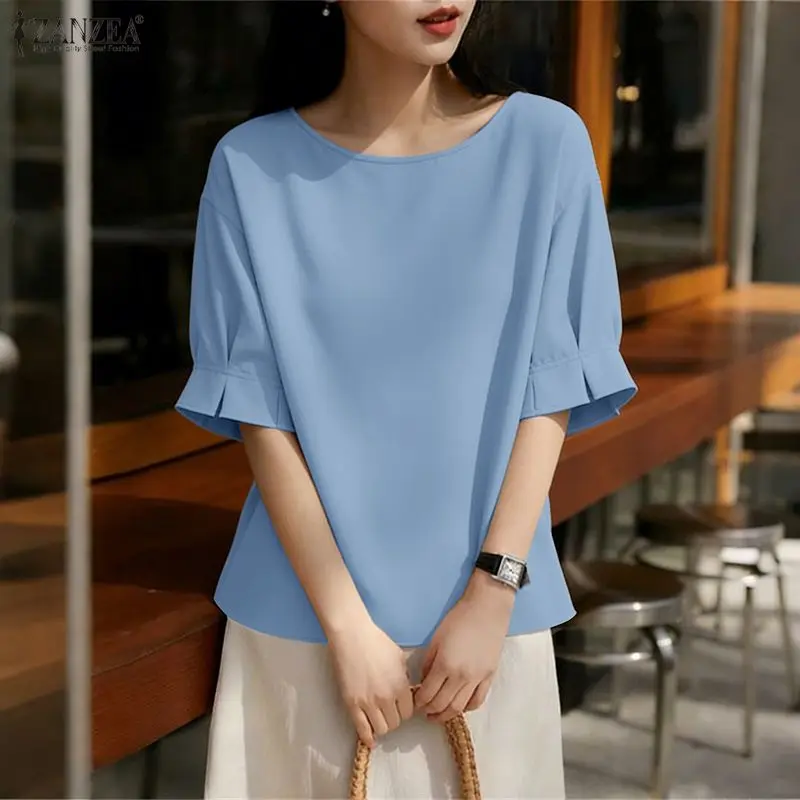 

2026 ZANZEA Summer Short Sleeve Solid Color Blouse Women Elegant OL Work Shirt Casual O Neck Blusas Female Holiday Tunic Tops