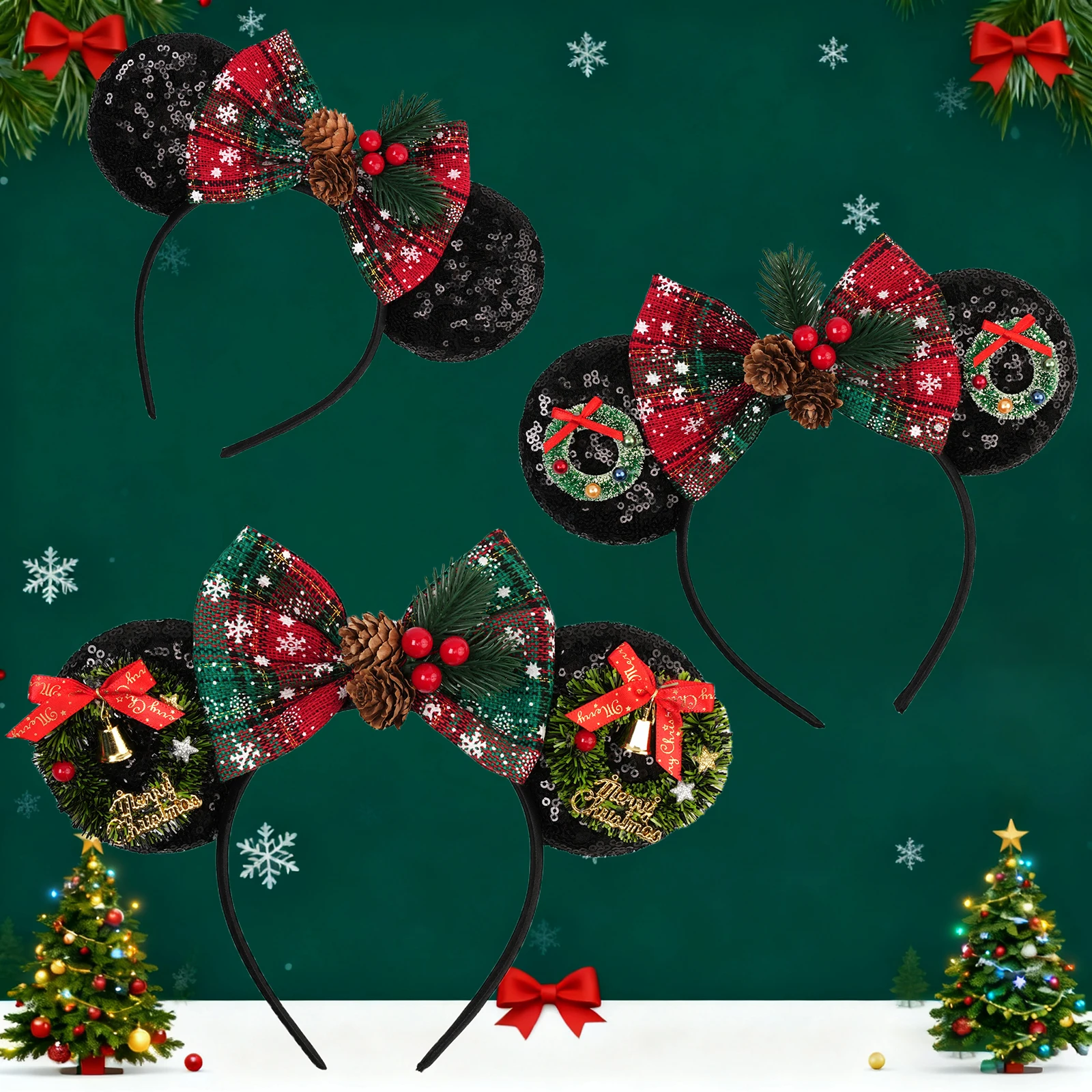 2026 Weihnachts-Haarreif mit Glocken- und Tannenzapfen-Dekoration, Mickey-Mouse-Ohren-Haarreif, Party- und Feiertagsgeschenk für Eltern und Kinder, Haaraccessoire – Detail 2