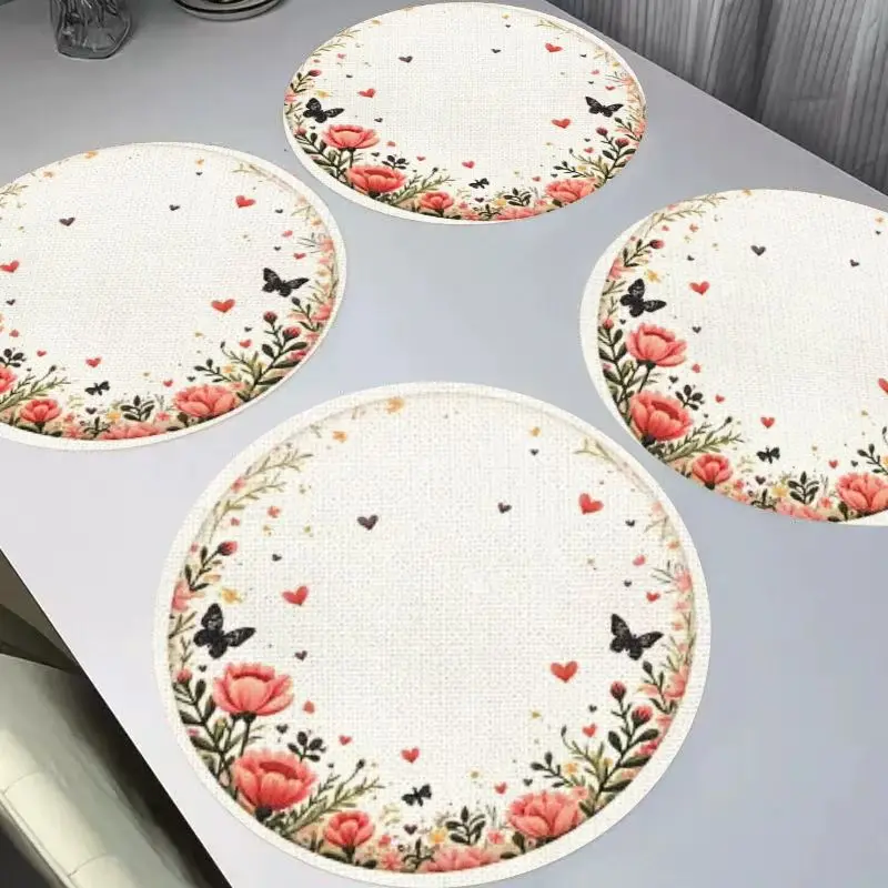 VIKAMA Gentle Pink Plum Blossom Round Linen Table Mat Insulation, Washable, Wear resistant Table Mat Table Decoration
