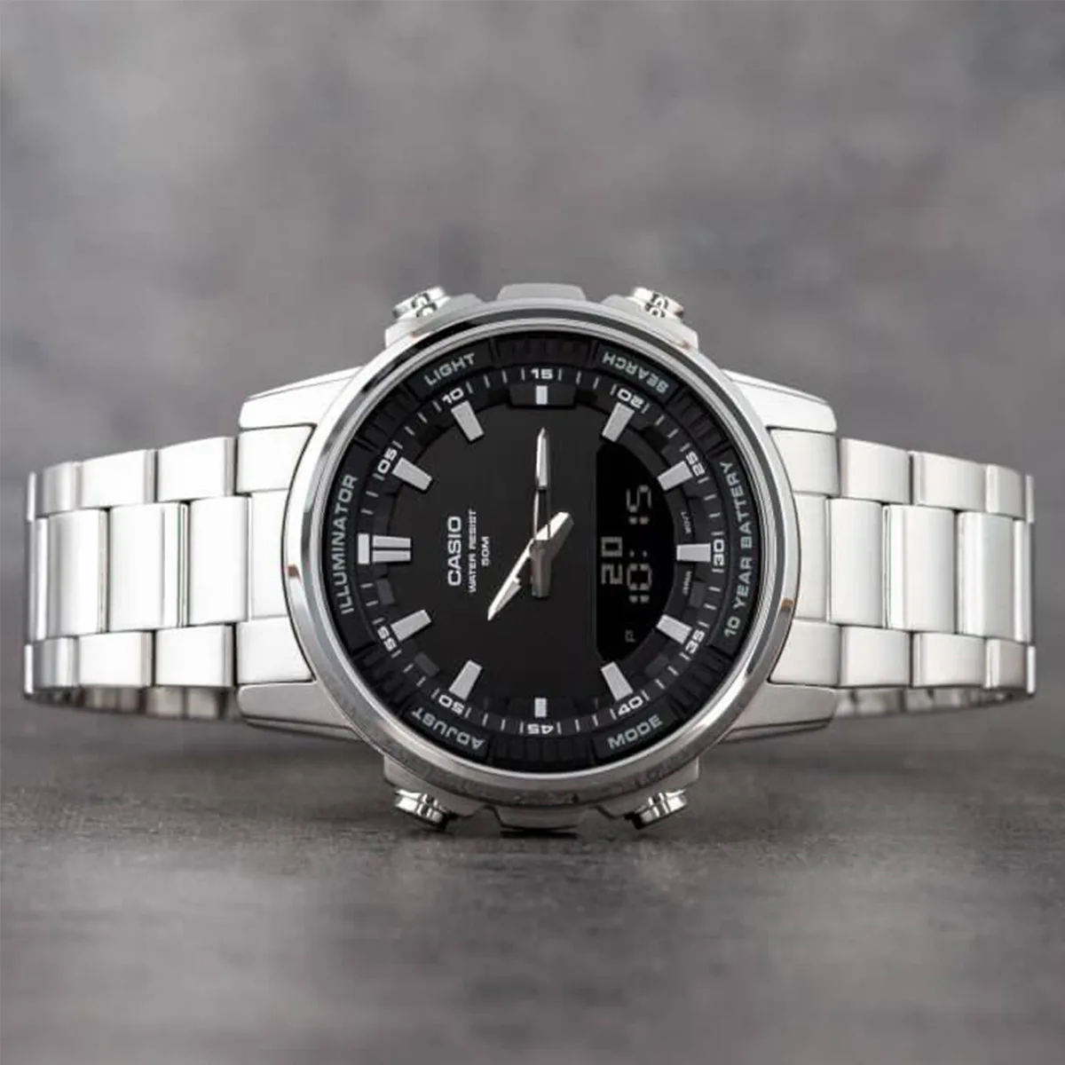 Casio AMW‑880D | Stainless Steel Men Watch | 50M Water Resistant | World Time Stopwatch Analog Digital Wristwatch