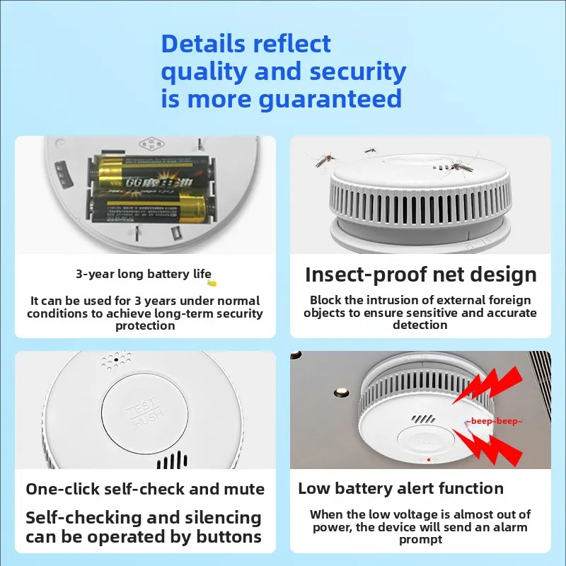 إنذار دخان مستقل مع عمر خدمة لمدة 10 سنوات - كاشف دخان الحريق للاستخدام المنزلي وإنذار حثي للتصفير