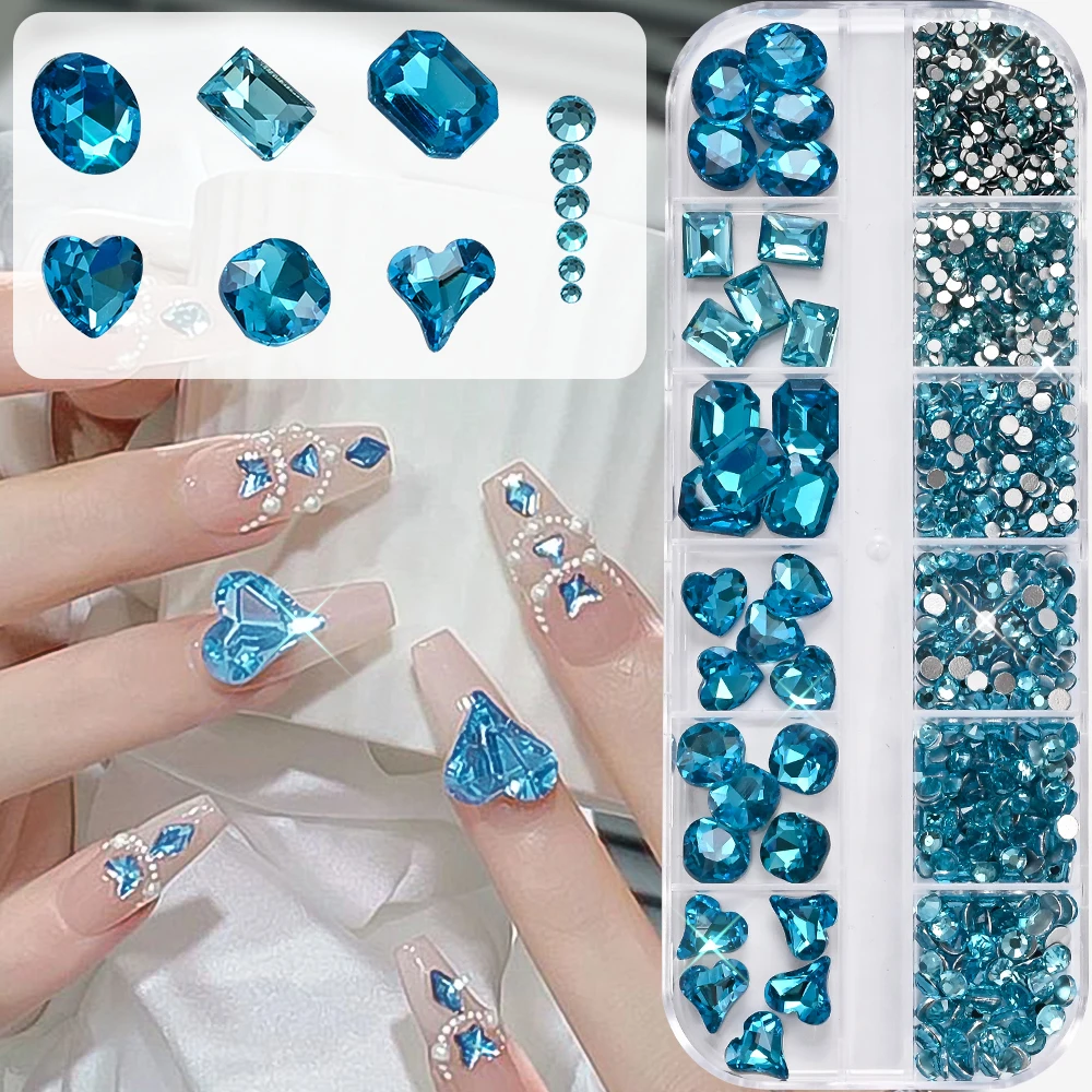 

12Grids 3D Lake Blue Mixed-Shape Nail Art Rhinestones Square/Round/Heart Glass Diamond Nail Charms Luxury Manicure Jewelry Decor