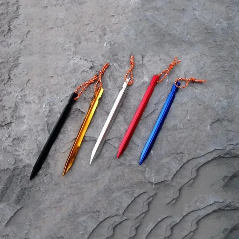 10pcs/Set Aluminum Alloy Ultralight Tent Pegs 18cm Outdoor Camping Ground Nail Reinforce Tent Stakes with Wind Rope Storage Bag