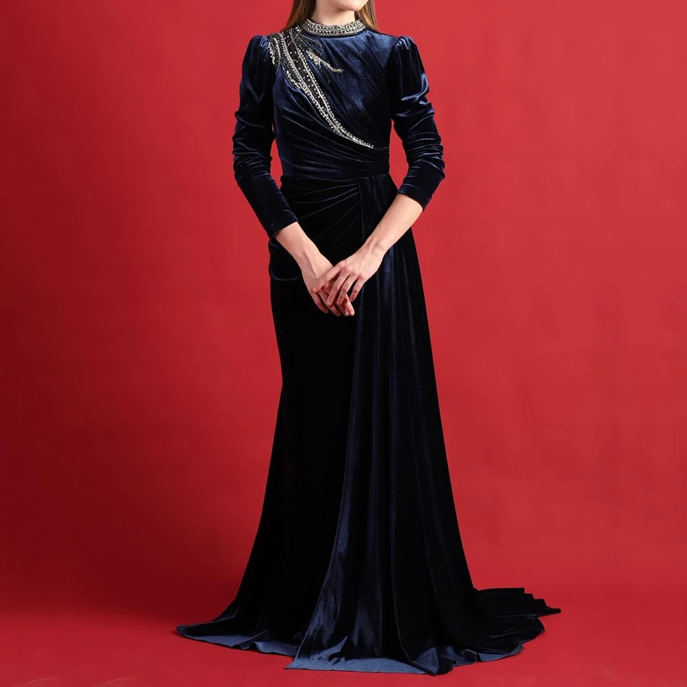 Customized Mermaid Evening Dresses Floor-length High-neck Full Sleeve Prom Gown Fashion Crystal Sequined Simple Pleat Party Gown