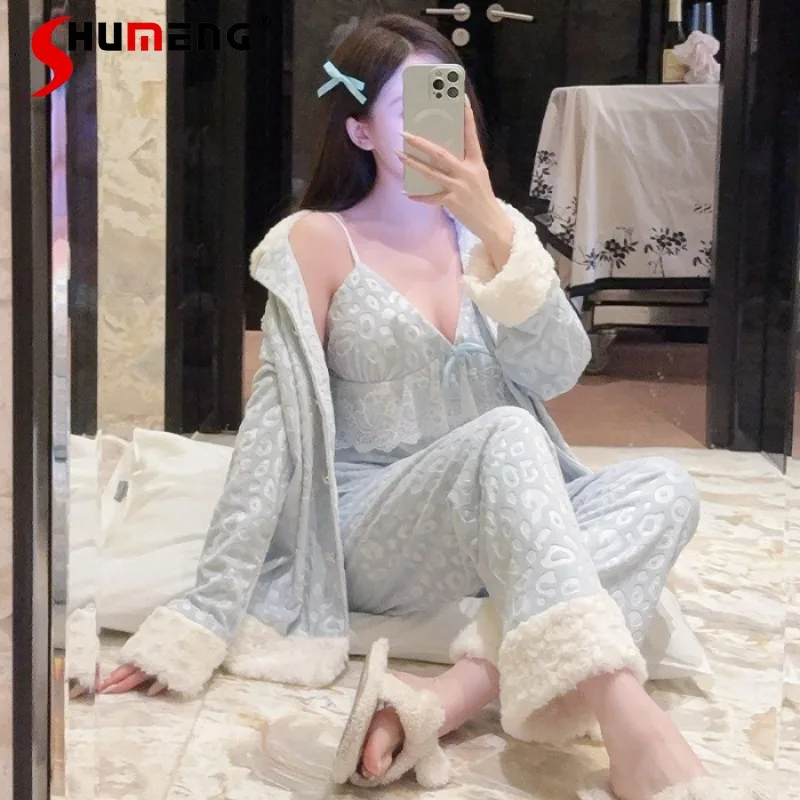 

Velvet Three Piece Pajamas for Women Winter Thickened Leopard Print Homewear Set Female Solid Color Warm Sleepwear Suit
