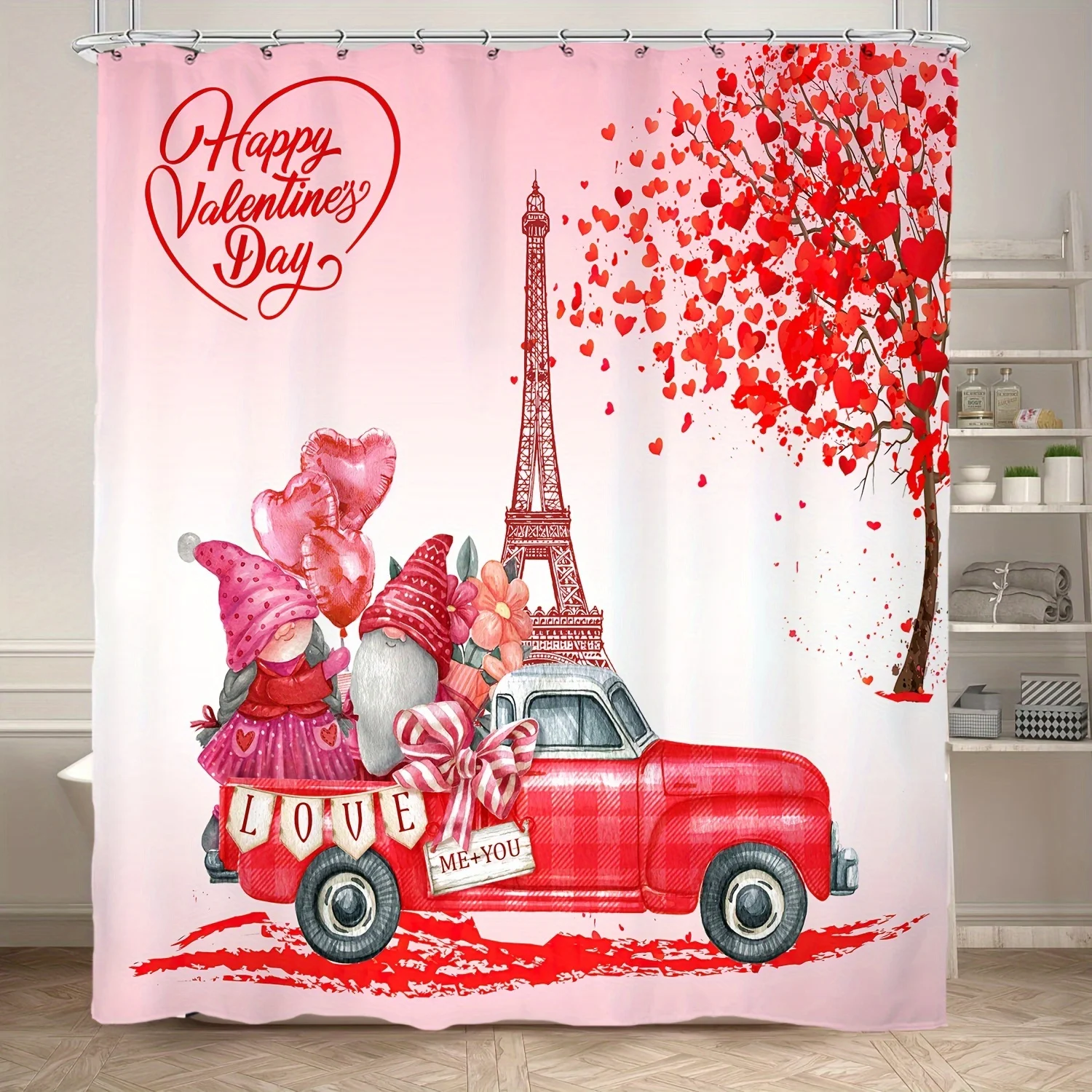 

Занавеска для душа с изображением пары гномов на День святого Валентина, красный грузовик, Эйфелева башня, романтический декор для ванной комнаты, подходит для всех сезонов.