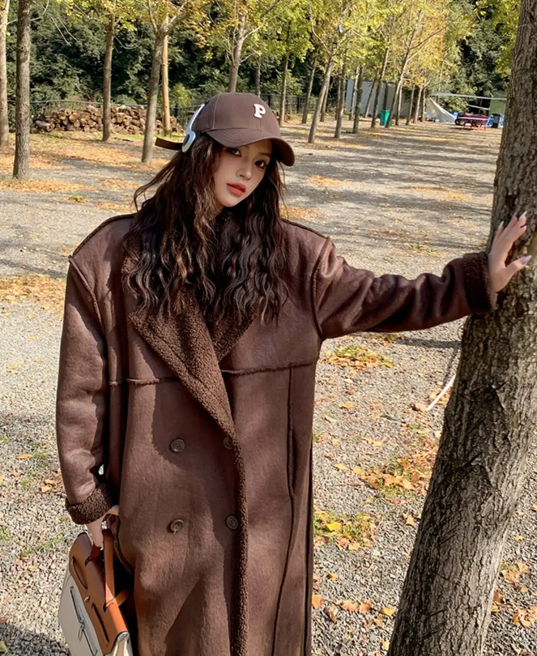 Winter Vintage Suede Lamb Double-faced Fur Coat Brown Women Lapel Buttons Full Sleeve Furry Warm Maxi X-Long Jacket Outerwear