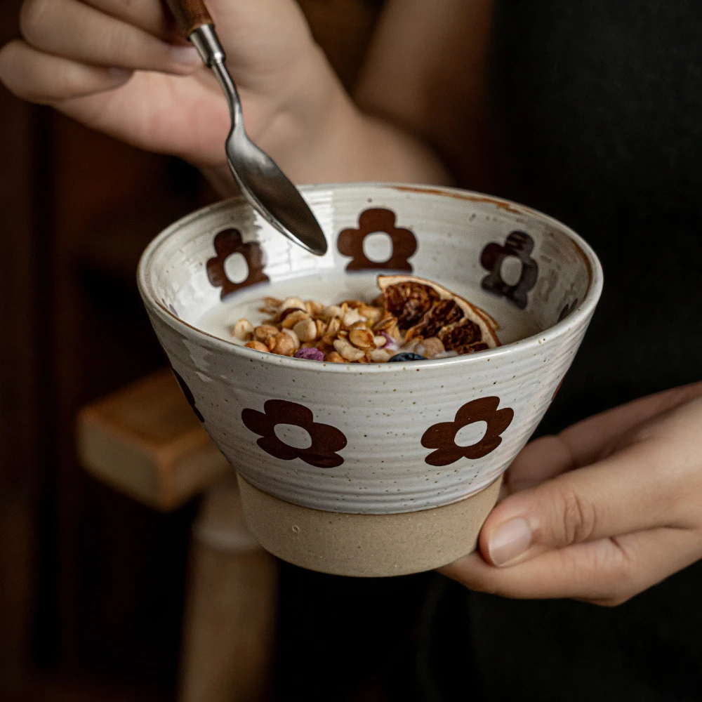 Cream Ceramic Cereal Douli Bowl Brown Flower Print Speckled Oatmeal Bowl Breakfast Soup Bowl