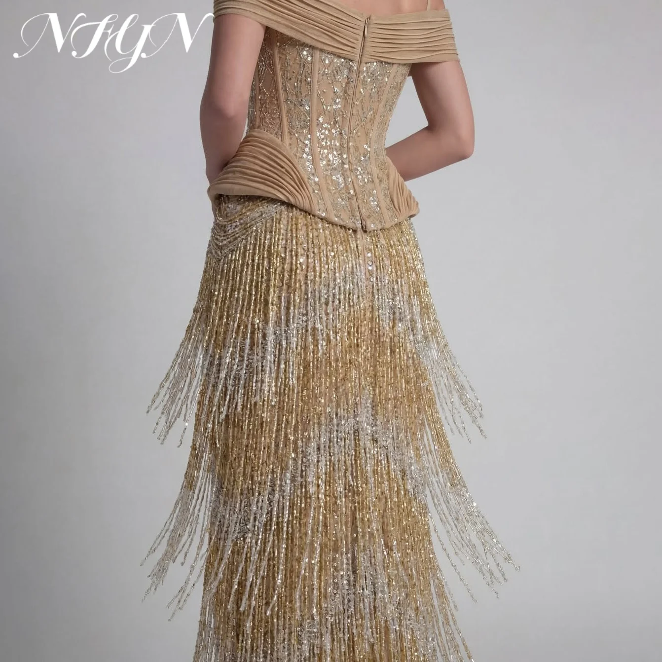 NFYN Champagne Nude Mermaid Prom Dress Sequined Lace Bead Evening Dress Shimmer Bead Fringe Mesh Floor Party Dress Customized image 2