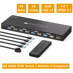 2024 NEW 8K 60Hz HDMI 2.1 KVM Switch 1 Monitors 4 Computers 4K 144Hz 4x1 USB 3.0 KVM Switch for 4 PC Share Keyboard Mouse KCEVE