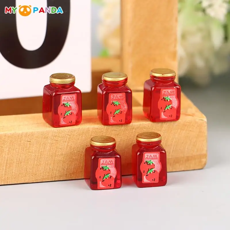 5Pcs 1/12 Dollhouse Miniature Strawberry Sauce Jam Jar Dollhouse Kitchen Food Toys Model Accessories DIY Life Scene Decor Toys