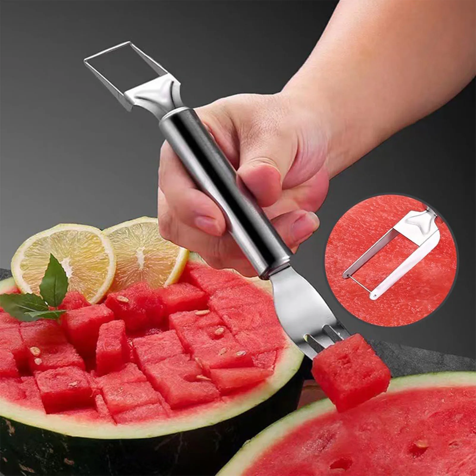 2 In 1 Portable Watermelon Fork Slicer Multi-purpose Watermelon Slicer Cutter Knife Stainless Steel Kitchen Fruit Cutting Fork